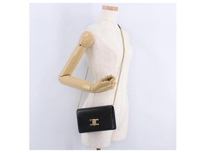 Céline Borsa a tracolla con catena CELINE Triomphe in pelle nera e tono oro Auth ka6199SAM Nero - vista 24