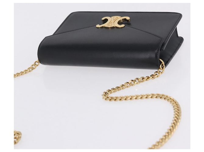 Céline Borsa a tracolla con catena CELINE Triomphe in pelle nera e tono oro Auth ka6199SAM Nero - vista 6
