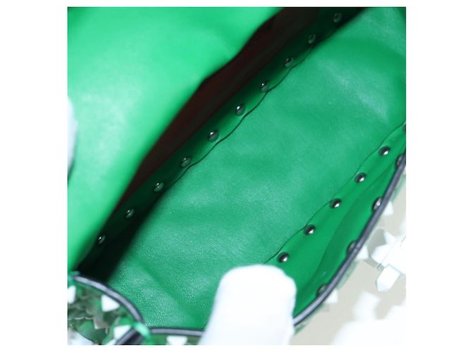 VALENTINO Rockstuds Schultertasche mit Kette aus Leder Grün Weiß Auth 202800V - Ansicht 11