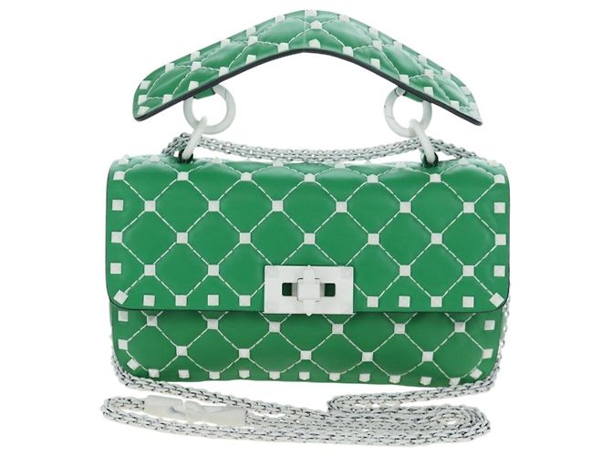 VALENTINO Rockstuds Schultertasche mit Kette aus Leder Grün Weiß Auth 202800V - Ansicht 13