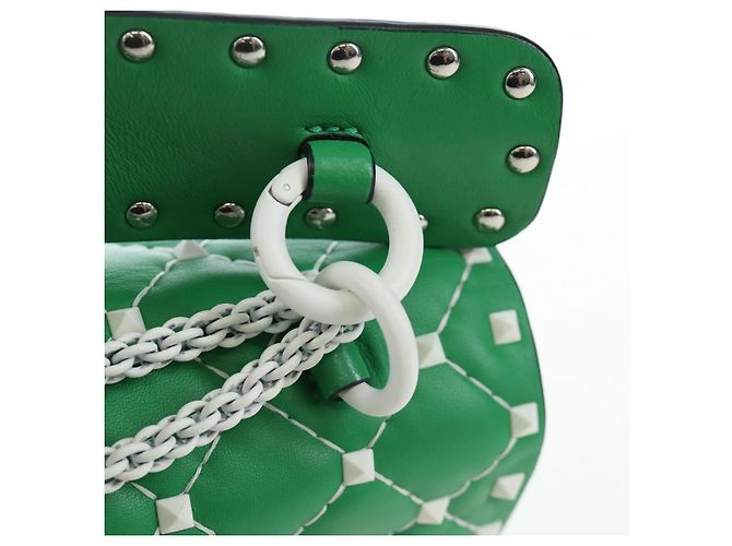 VALENTINO Rockstuds Schultertasche mit Kette aus Leder Grün Weiß Auth 202800V - Ansicht 19