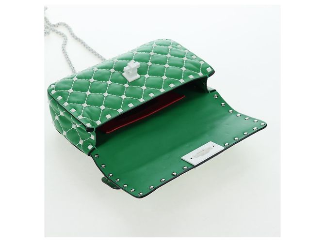 VALENTINO Rockstuds Schultertasche mit Kette aus Leder Grün Weiß Auth 202800V - Ansicht 21