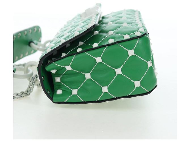 VALENTINO Rockstuds Schultertasche mit Kette aus Leder Grün Weiß Auth 202800V - Ansicht 3