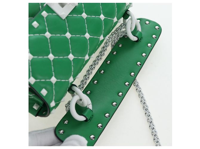 VALENTINO Rockstuds Schultertasche mit Kette aus Leder Grün Weiß Auth 202800V - Ansicht 8