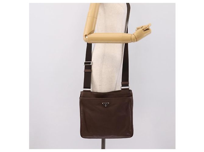 Borsa a tracolla PRADA in pelle Taurillon Marrone Argento Auth am12669V - vista 25