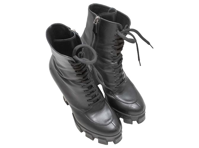 Black Prada Leather Heeled Combat Boots Size 40 - view 2