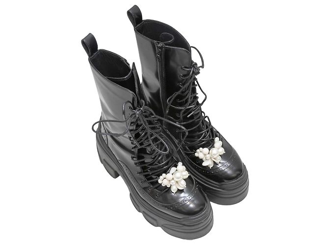 Simone Rocha Combat Boots in Schwarz mit Kunstperlen-Verzierung Größe 40 - Ansicht 2