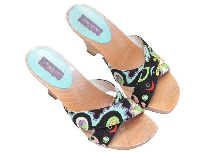 Emilio Pucci bedruckte Canvas- & Holzabsatzsandalen Schwarz & Multicolor Größe 36 - Ansicht 2