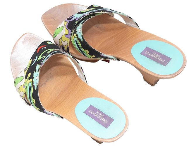 Emilio Pucci bedruckte Canvas- & Holzabsatzsandalen Schwarz & Multicolor Größe 36 - Ansicht 3