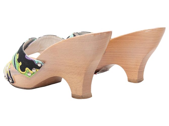 Emilio Pucci bedruckte Canvas- & Holzabsatzsandalen Schwarz & Multicolor Größe 36 - Ansicht 4