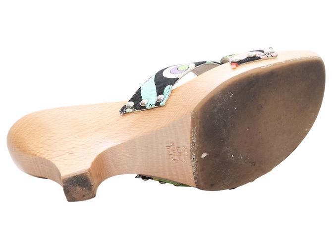 Emilio Pucci bedruckte Canvas- & Holzabsatzsandalen Schwarz & Multicolor Größe 36 - Ansicht 5