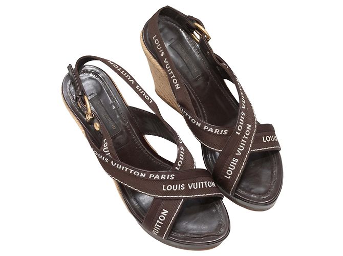 Vintage Brown Louis Vuitton Spellout Espadrilles Keilabsätze Größe 37 Braun - Ansicht 2