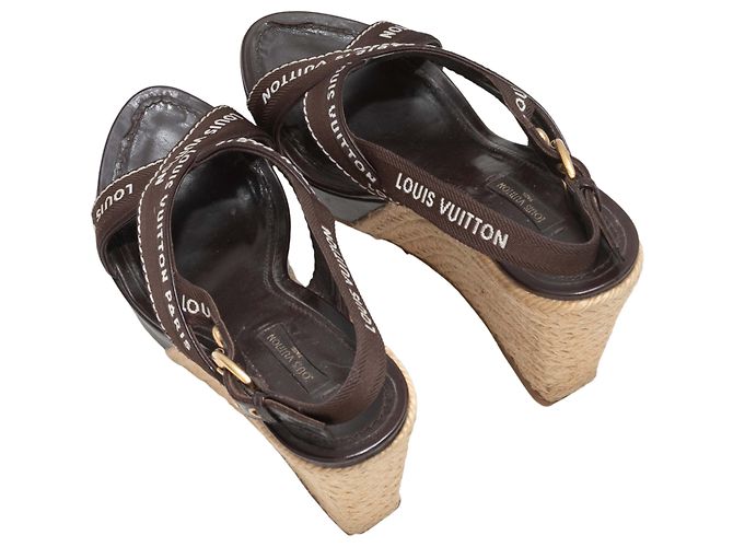 Vintage Brown Louis Vuitton Spellout Espadrilles Keilabsätze Größe 37 Braun - Ansicht 3