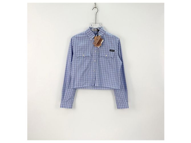Top Miu Miu de algodão com padrão xadrez Navy Multicor - vista 3