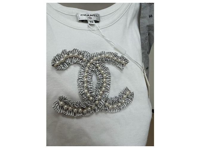 Chanel Baumwoll Oberteil Weiß mit Perlen und Schleife Mehrfarben - Ansicht 2