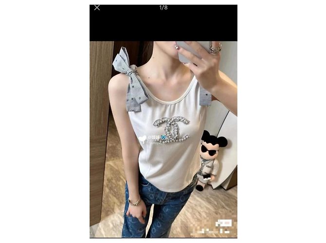Chanel Baumwoll Oberteil Weiß mit Perlen und Schleife Mehrfarben - Ansicht 7