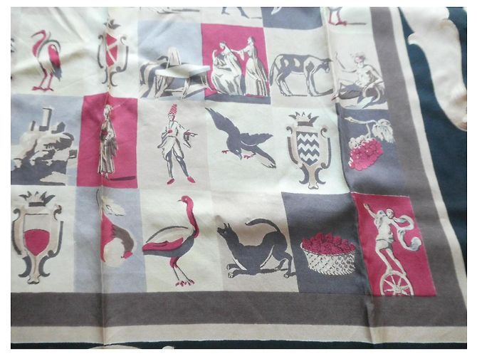 Hermès Pañuelo de Seda "En Vente Chez Hermès à Paris" 1942 Castaño Negro Rosa Blanco Beige Gris - vista 4
