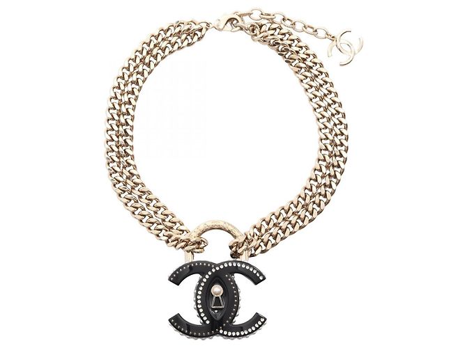 Chanel D22C Coco Mark Padlock Motif Double Choker Negro Blanco Dorado - vista 3