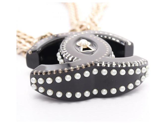 Chanel D22C Coco Mark Padlock Motif Double Choker Negro Blanco Dorado - vista 6