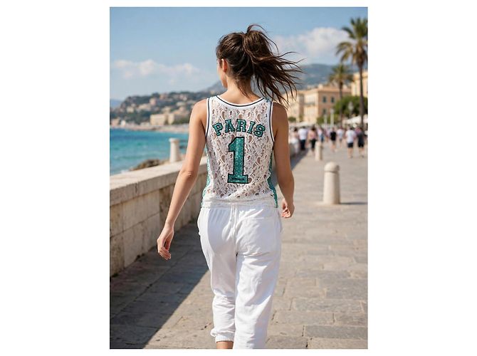 Autre Marque Gaëlle Top sin mangas de encaje y algodón Blanco Verde - vista 4