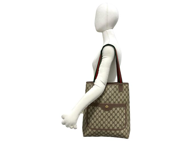 Borsa Tote Gucci Vintage Sherry Line GG Logo Marrone Rosso Verde - vista 2