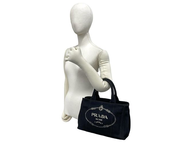 Prada Canapa Triangle Logo Hardware Canvas Tote Black - view 2