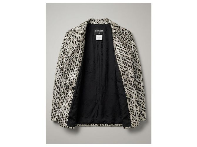 Chanel 12P Silver Metallic Graffiti Double Breasted Jacket Black FR 36 Silvery - view 9