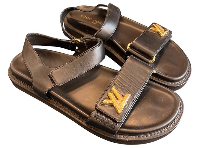 Infrasandali Louis Vuitton in pelle nera con logo LV - vista 2