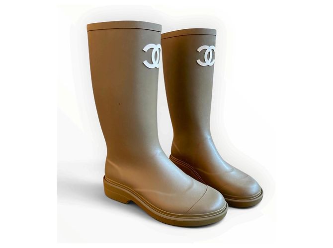 Chanel CC Rubber Rain Boots Beige - view 19