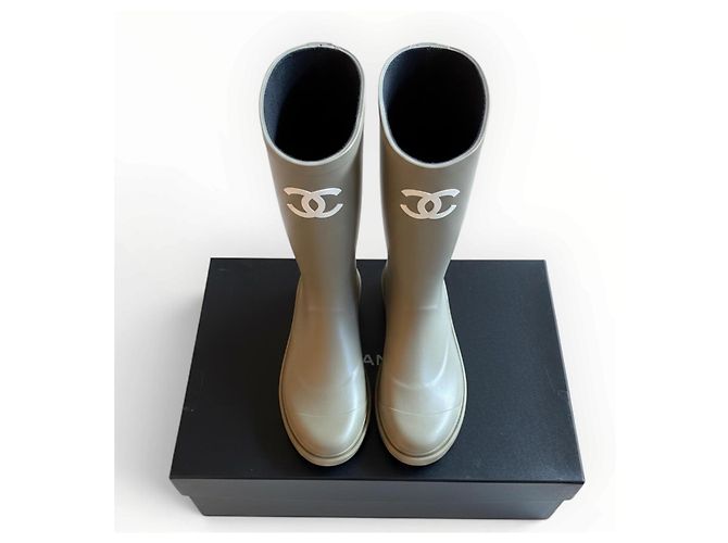 Chanel CC Rubber Rain Boots Beige - view 4