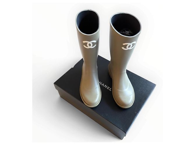 Chanel CC Rubber Rain Boots Beige - view 6