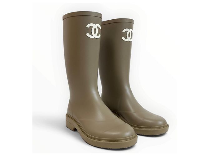Chanel CC Rubber Rain Boots Beige - view 8
