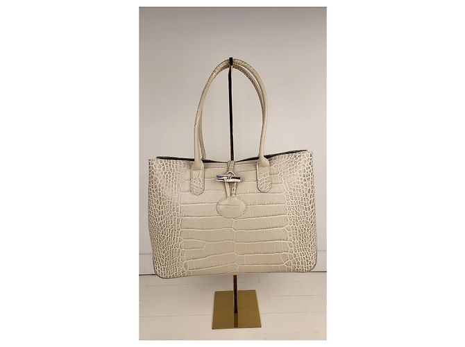 Longchamp Roseau Saco Cabas Couro Efeito Crocodilo Bege - vista 13