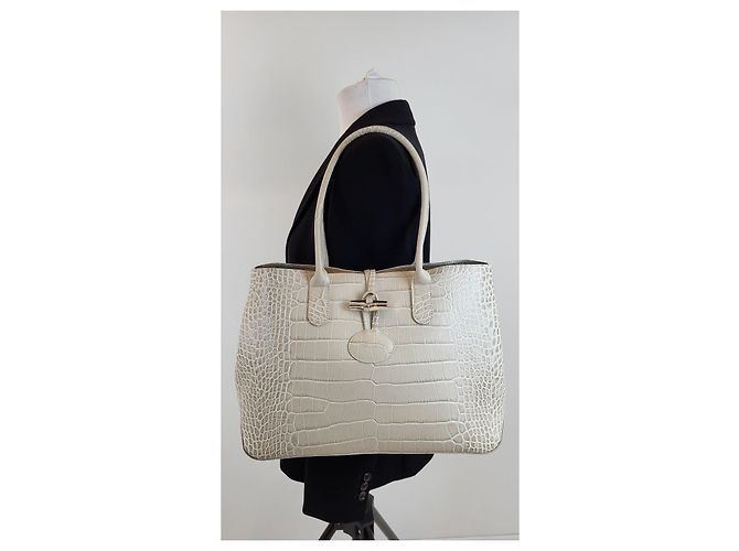 Longchamp Roseau Saco Cabas Couro Efeito Crocodilo Bege - vista 14