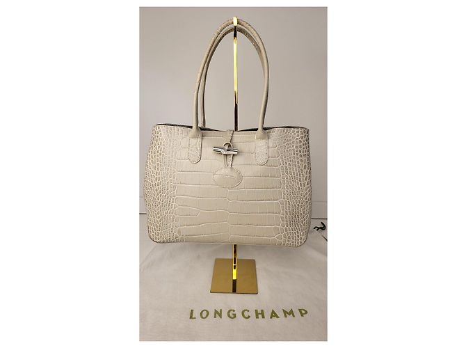 Longchamp Roseau Saco Cabas Couro Efeito Crocodilo Bege - vista 17