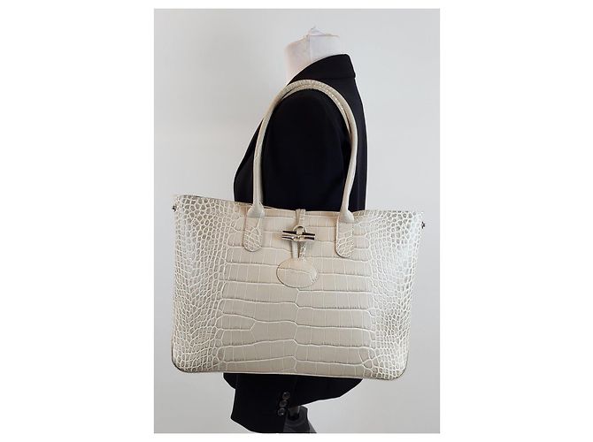 Longchamp Roseau Saco Cabas Couro Efeito Crocodilo Bege - vista 2