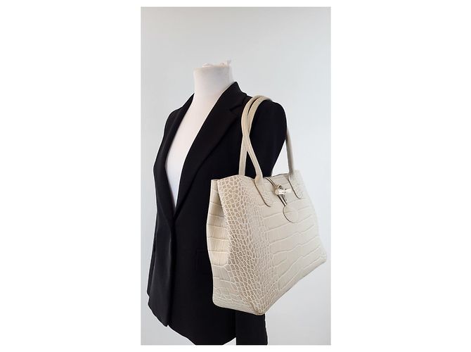 Longchamp Roseau Saco Cabas Couro Efeito Crocodilo Bege - vista 9