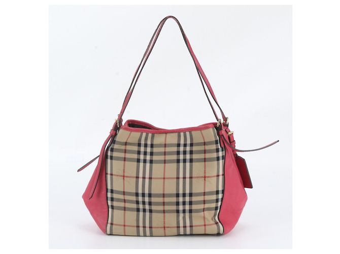 Borsa Tote a Spalla Burberry Nova Check in Pelle e Tela Rosa Beige - vista 3