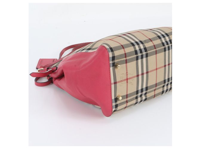 Borsa Tote a Spalla Burberry Nova Check in Pelle e Tela Rosa Beige - vista 5