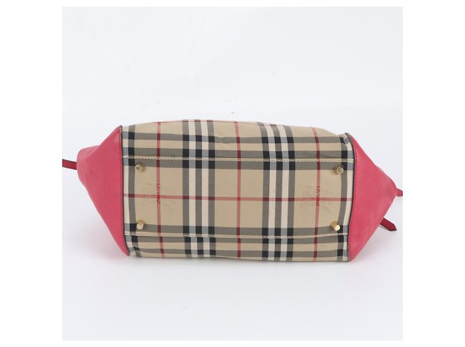 Borsa Tote a Spalla Burberry Nova Check in Pelle e Tela Rosa Beige - vista 6