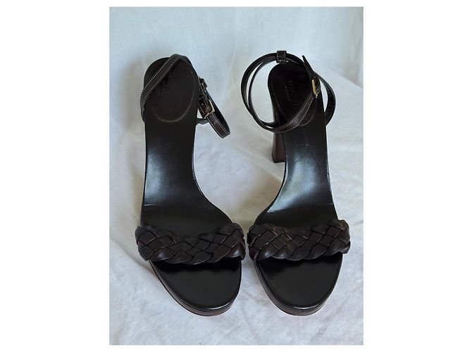 Sandali platform in pelle intrecciata marrone scuro Gucci - vista 3