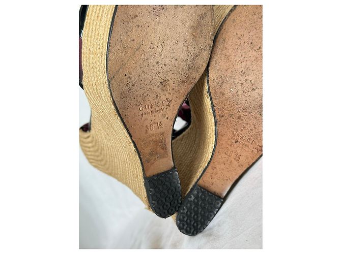 Sandali espadrillas con zeppa Gucci in seta con stampa a cuore e lacci Rosa Bordò Paglia - vista 10