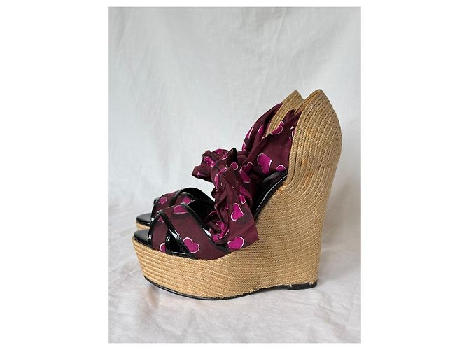 Sandali espadrillas con zeppa Gucci in seta con stampa a cuore e lacci Rosa Bordò Paglia - vista 2