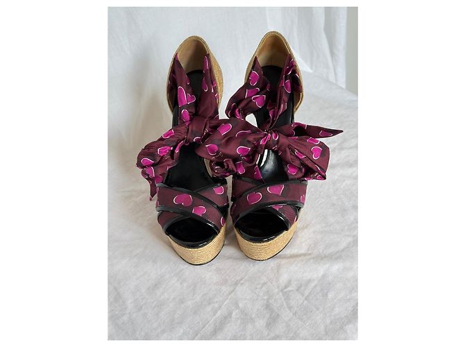 Sandali espadrillas con zeppa Gucci in seta con stampa a cuore e lacci Rosa Bordò Paglia - vista 3