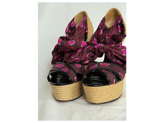 Sandali espadrillas con zeppa Gucci in seta con stampa a cuore e lacci Rosa Bordò Paglia - vista 5