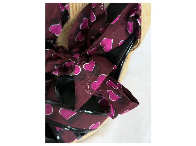 Sandali espadrillas con zeppa Gucci in seta con stampa a cuore e lacci Rosa Bordò Paglia - vista 6