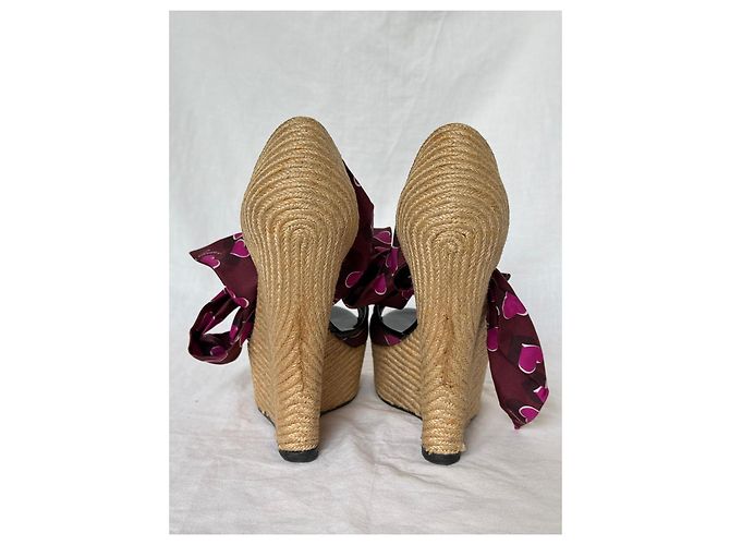 Sandali espadrillas con zeppa Gucci in seta con stampa a cuore e lacci Rosa Bordò Paglia - vista 8