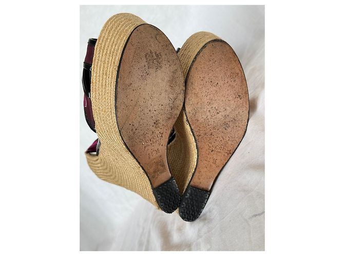 Sandali espadrillas con zeppa Gucci in seta con stampa a cuore e lacci Rosa Bordò Paglia - vista 9