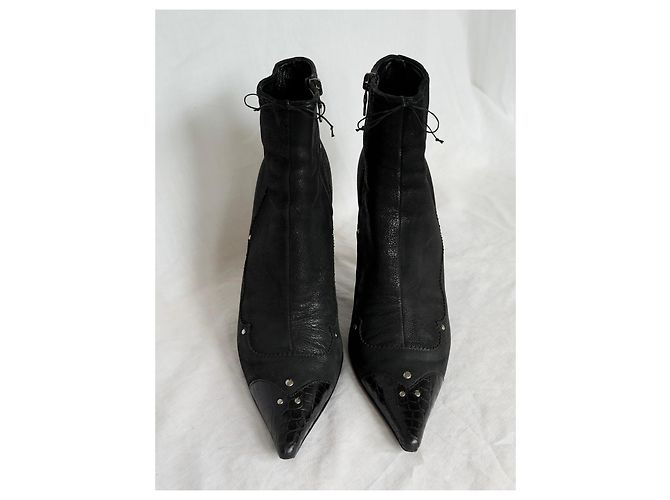 Botines Prada de piel negra con puntera con estampado de cocodrilo Negro - vista 3