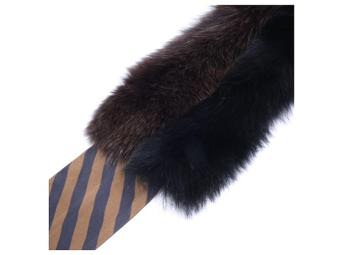 Fendi Fox Fur Rabbit Silk Stole/Scarf Brown Black - view 3